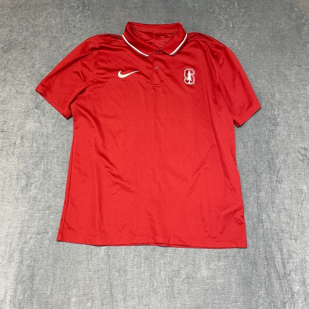 Stanford Cardinal Polo Shirt Mens L Red Nike Dri Fit Football NCAA Swoosh Logo